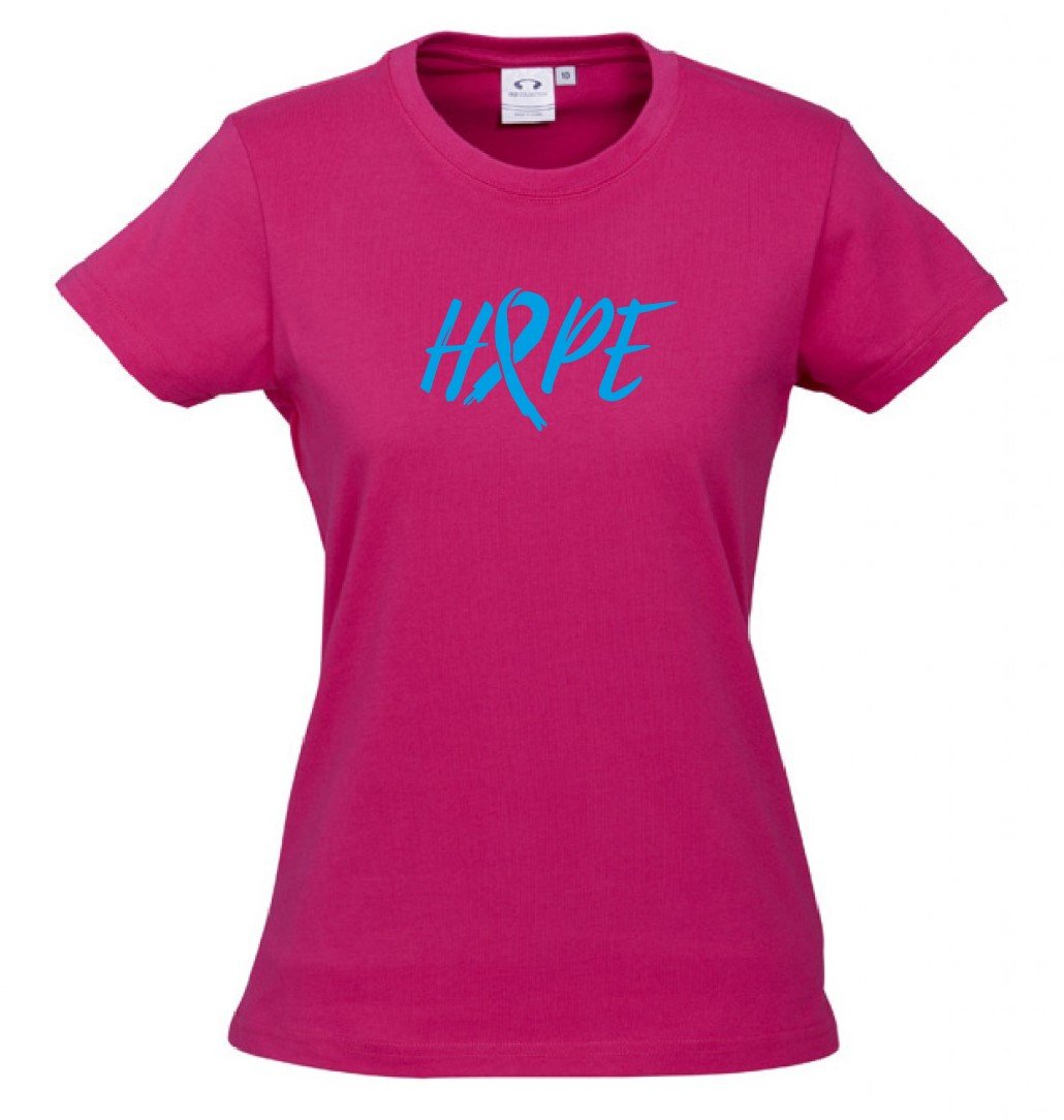 Women Ice Cotton Hot Pink T-Shirt with  Blue Hope Ribbon logo